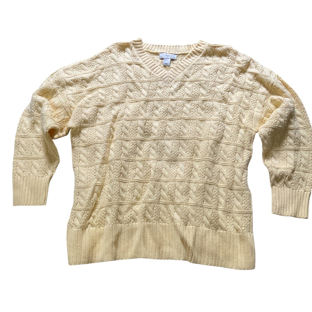 CJ Banks Womens 1X Yellow Cable Knit V-Neck Pullover Sweater Long Sleeve